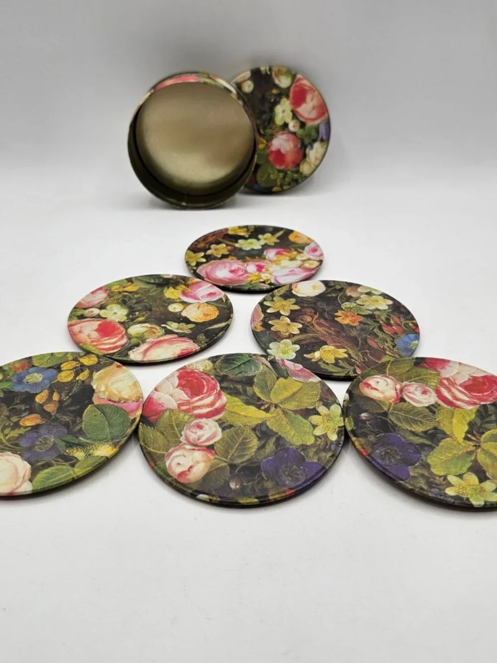 Set of 6 Drink Coasters and holder in Bright Floral